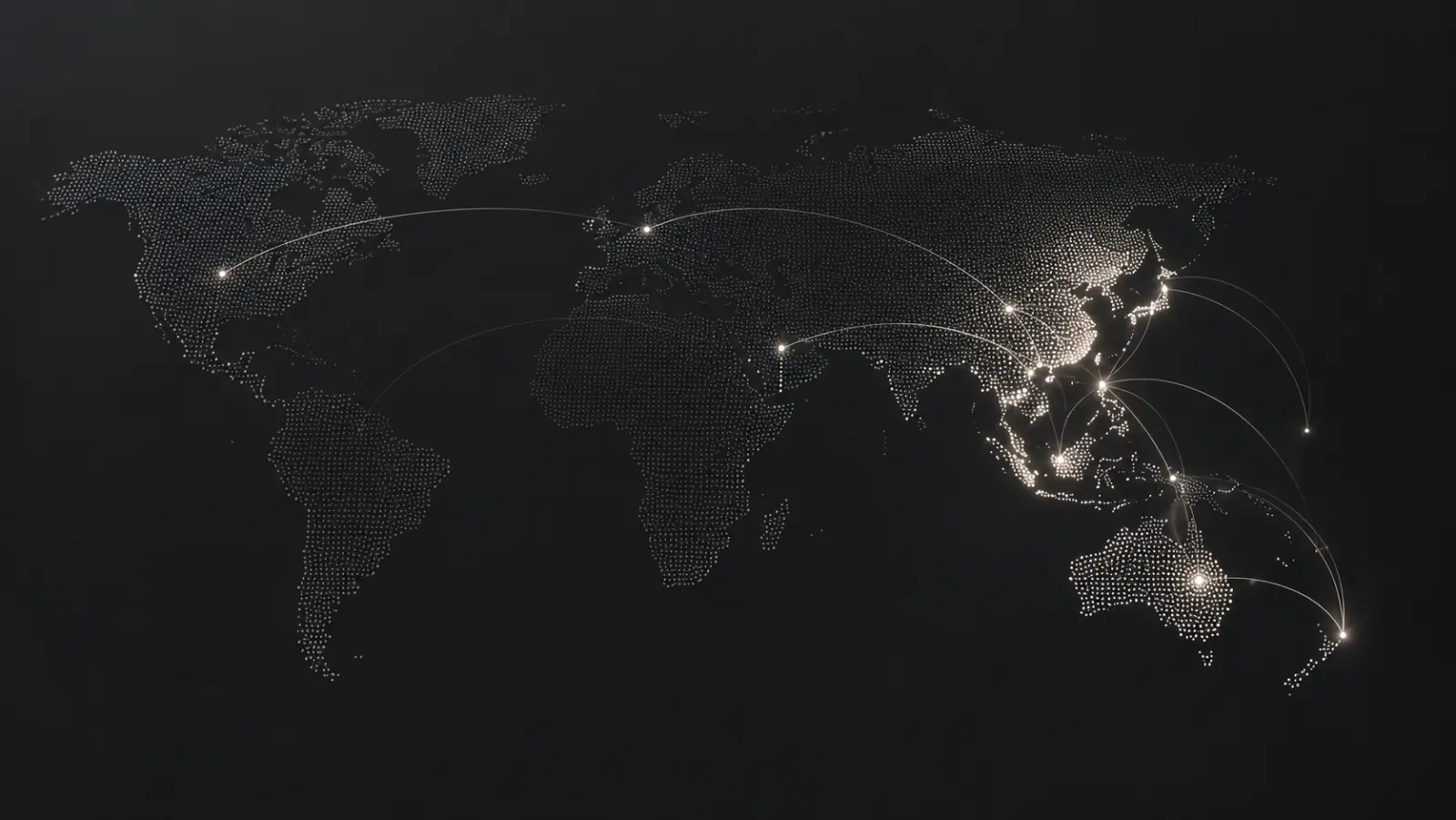 World map with connected points across Asia-Pacific and lines extending outward